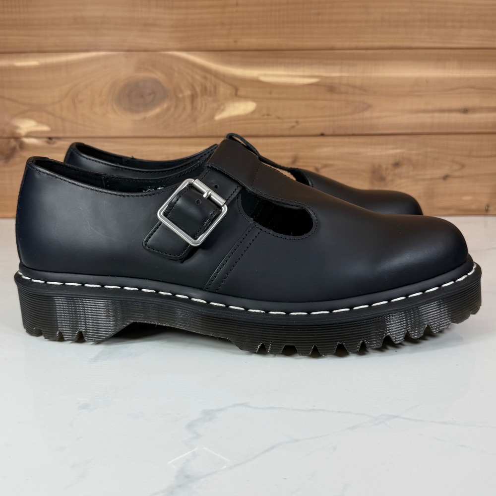 Dr. Martens Polley Bex Black Leather Mary Jane White Stitch Shoes US 11L 10M - Picture 6 of 16
